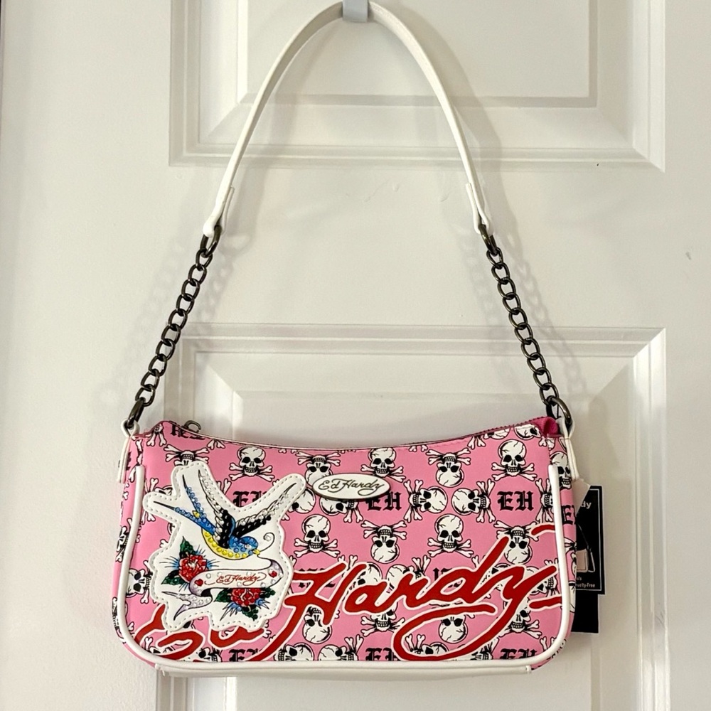 ED HARDY Skull & Bird Tattoo Chain Link Shoulder Handbag